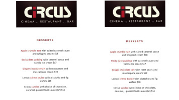 Circus Cinema Restaurant Bar menu