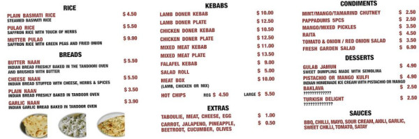 Origin India Curries And Kebabs menu