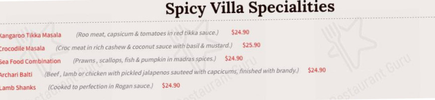 Indian Spicy Villa menu