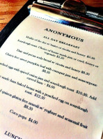 Cafe Anonymous menu