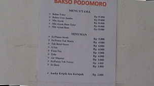 Pondok Bakso Podo Moro menu
