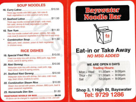 Bayswater Noodle Bar menu