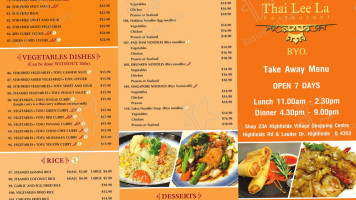 Thai Lee La Highfields menu