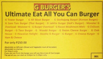 G Burgers menu